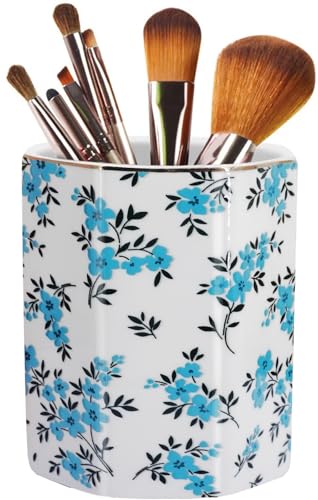 LEAZUL Pen Holder, Makeup Brush Holder Ceramic Shiny Gold Spring Floral Pattern Pencil Cup for Girls Kids Women Durable Stand Desk Organizer Storage Gift for Office, Classroom, Home (Teal Blue)