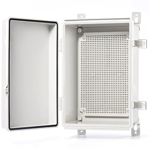 QILIPSU Junction Box IP67 Waterproof Plastic Electrical Enclosure Outdoor Weatherproof Project Electric Box with Mounting Plate, Wall Brackets, Hinged Grey Cover 11.2″x7.7″x5.1″