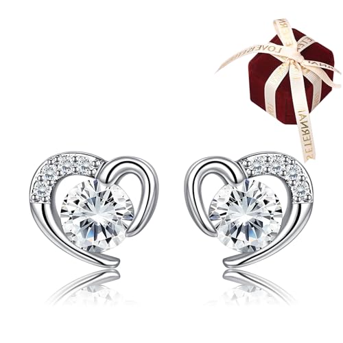 AVYRING Silver Heart Earrings Skeleton Cubic Zirconia Studs - Hypoallergenic Dainty Jewellery Gift for Brides & Bridesmaids