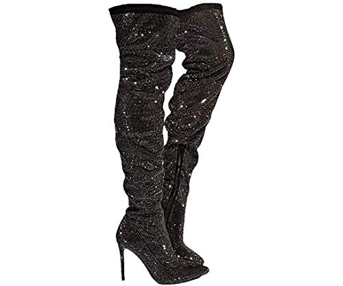 Rhinestone Thigh High Over The Knee Fashion Boots for Women Black-10
