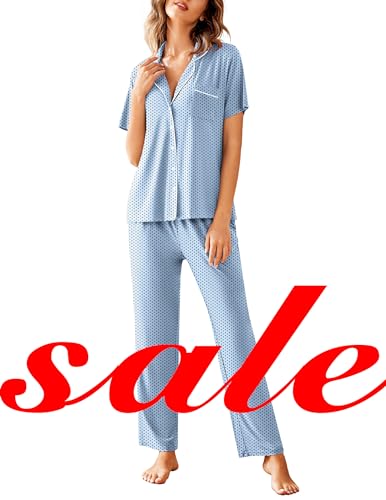 Image of Avidlove Women Pajamas Set Notch Collar Soft Sleepwear Pjs Short Sleeve Button Down Nightwear with Long Pants