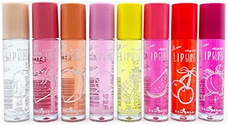 Fruity Roll-on Lip Gloss by Italia Deluxe; Clear Scented Lip Glosses Infused witt Vitamin-E - Complete Sets of All 8 Moisturizing Fruity Flavor Scents; 0.3oz each