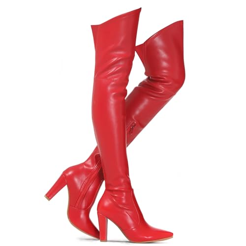 ShoeN Tale Women Stretch Suede Chunky Heel Over The Knee Boots Thigh High for Women (6 red PU)