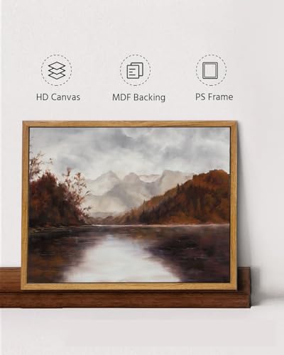 Image of KISSFOX Framed Wall Art Vintage Wall Art Autumn Lake Scenery Canvas Art Forest Pictures Moody Paintings Fall Artwork Farmhouse Prints For Bedroom Kitchen Living Room