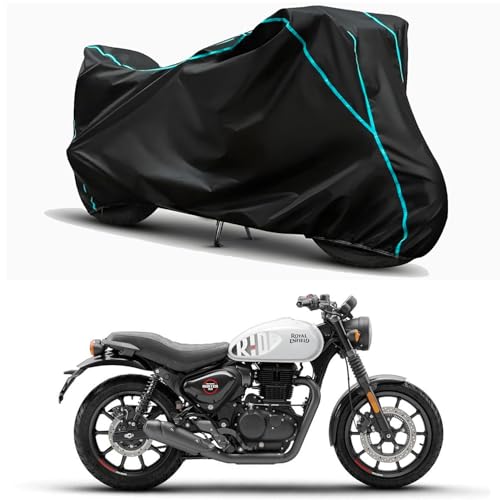 Image of Waterproof Bike Body Cover Compatible for | Royal Enfie Hunter 350 Retro | Taffeta Fabric, Sky Piping Design, Bottom Elastic Fit | Dustproof, Sun UV & Rain Protection for All Weather.