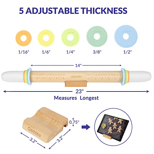 Image of Geesta Adjustable Wood Rolling Pin with 5 Thickness Rings, Precise Dough Roller Handle Press Design with Measurement Guide for Baking Fondant, Pie Crust, Cookie, Pastry - Baking Essential
