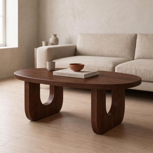 Image of Mango Wood Oval Coffee Table for Living Room, Modern Wooden Center Table with Unique U-Shaped Legs, Walnut Finish