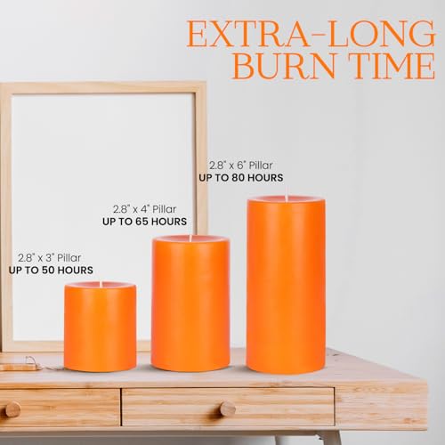 Image of D'Velas Pack of 3 Unscented Orange Pillar Candles | Burn Time 50 /65 /80 Hours | Bonus 3oz Scented Travel Tin | Long-Lasting Paraffin Wax Candles for Home Decor, Festive Use & Events