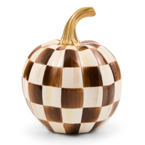 Image of MACKENZIE-CHILDS Resin Pumpkin, Mini, Dark-Brown-and-White Chocolate Check