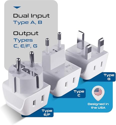 Image of Ceptics Complete European Travel Adapter Set - 2 In 1 Usa to Europe, Germany, England, Spain, Italy, Iceland, France, (Type G, E /F, Type C) - 3 Pack, Safe Grounded Perfect for Cell Phones, Laptops