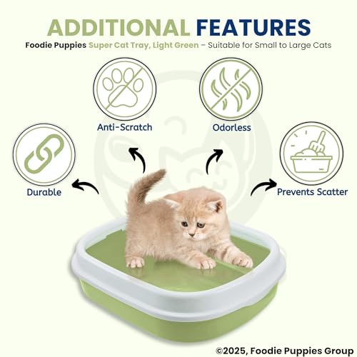 Image of Foodie Puppies Cat Litter Box Tray with Rim and Scooper - (Light Green) (Large, 46 x 38 x 13 cm) | Semi-Closed Design and Durable Quality | Pet Litter Sand Tray Suitable for All Adult Cats & Kittens
