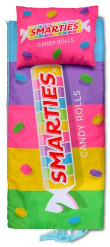 iscream Smarties Print Cozy Silky Soft Fleece Lined Sleeping Bag and Pillow Set for Kids - Candy Roll