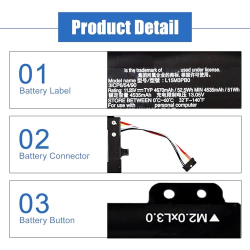 Image of L15M3PB0 11.25V 52.5Wh /4670mAh 3-Cell Laptop Battery Compatible with Lenovo IdeaPad 330S-14IKB 330S-14AST 330S-15ARR 330S-15IKB 330S-15AST Series Notebook L15L3PB0 L15C3PB1 (Type 1)