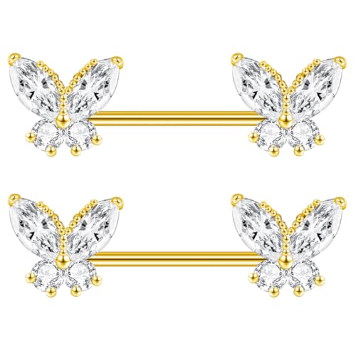 Gojewen 2er Brustwarzenpiercing Gold 14mm Schmetterling Nippelpiercing Edelstahl Piercing Brustwarze Nippel Ring