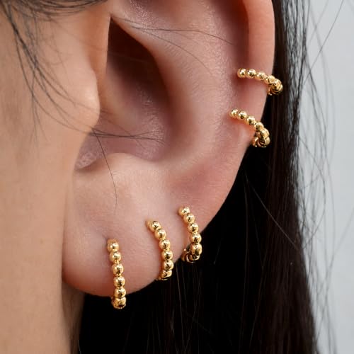 4 Pairs 5 6 7 8 mm Tiny Huggie Tragus Hoop Earrings Beaded 14K Gold Plated - image 3
