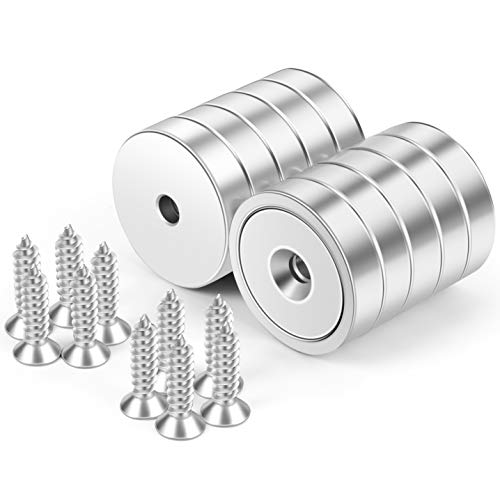 Neosmuk Imanes con Agujero, 30 kg, Redondos Fuertes para Pared, con Tornillo para Madera, Disco de Neodimio con Agujero Central, Plano de 25 mm (Paquete de 10)