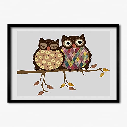 Cadre en bois 70x50 cm avec peinture moderne hiboux pour un chalet
