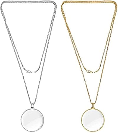 Rayong 2 Piezas Lupa para Colgar 5X Lupa Monóculo Lente Collar Lupa,Lupa Colgante Lectura,Lupa de Moda para Leer Libros, Periódicos, Trabajar o Viajar(Oro/Plata)