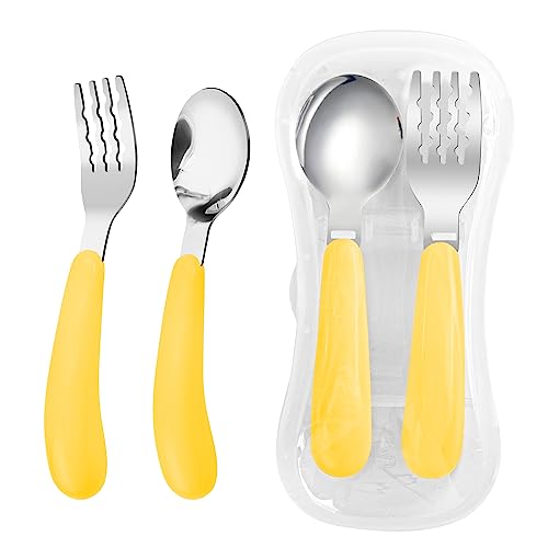 VANRA 2 Pieces Toddler Fork and Spoon Set with Travel Case 18/8 Stainless Steel Toddler Utensils Kids Silverware Children Flatware Child Cutlery Set for School Lunch Box (Yellow)