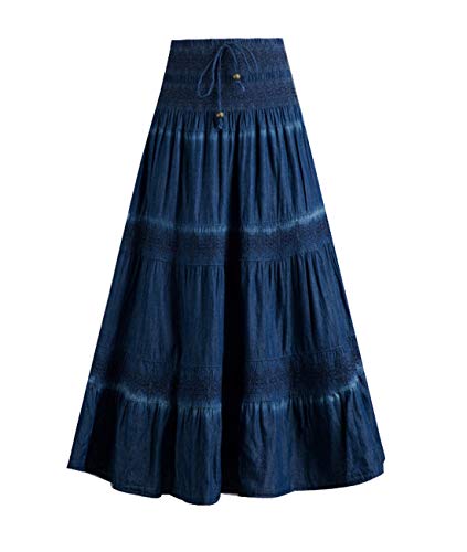 Femiserah Women's Bohemian Embroidered Flare A-Line Smocked Waist Long Maxi Denim Skirt (Waist 26.4