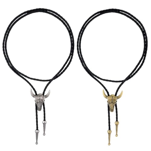 Ptwola Lot de 2 cravates bolo western cowboy rodéo en cuir indien punk rétro unisexe bijoux bronze tête de taureau accessoires de costume d'Halloween pour...