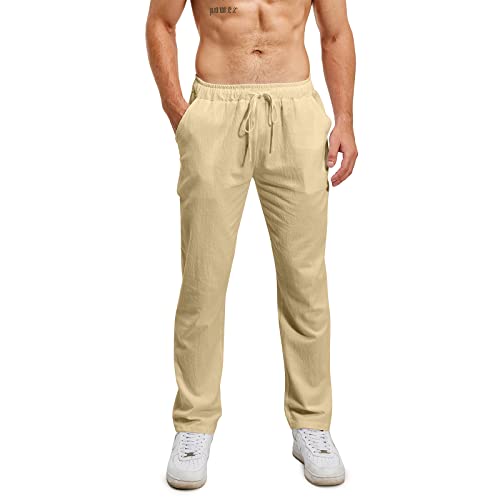 Lanckeli Herren Leinen Sommer Strand Yoga-Hose mit Kordelzug, Lässige, Lockere und Leichte Lange Hose.