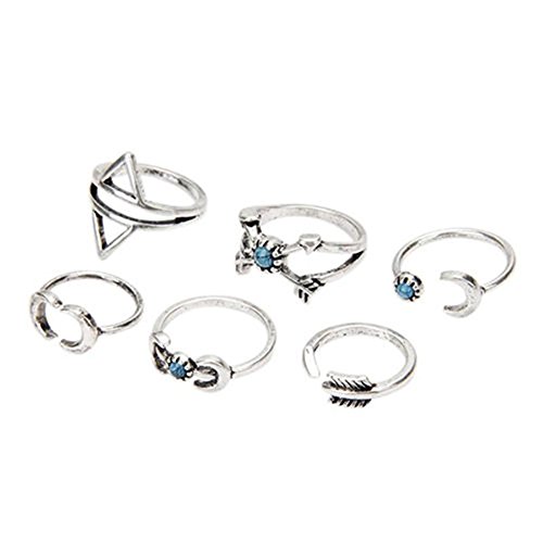 KeyZone 6 Pcs Fine Turquoise Arrow Moon Statement Midi Rings Set Women Jewelry