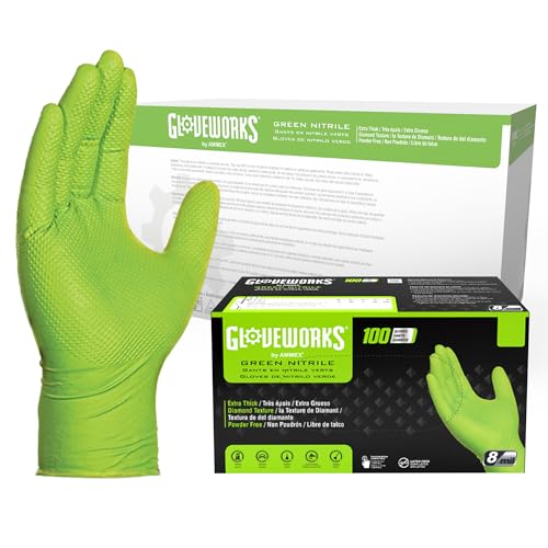 Image of GLOVEWORKS HD Green Nitrile Industrial Disposable Gloves, 8 Mil, Latex-Free, Raised Diamond Texture, X-Large, Case of 1000