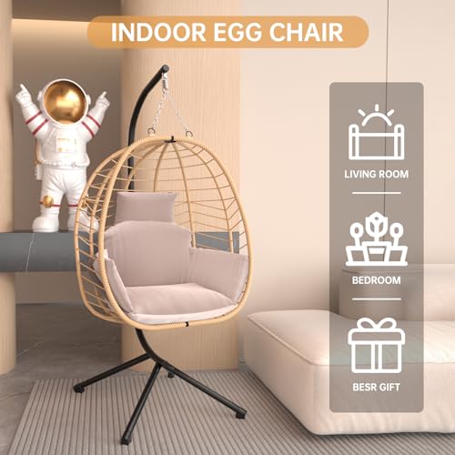 Varvind VA-012BE-1-VC Hanging Egg Chair With Stand Patio Hammock Swing Chair, Basket Wicker Rattan Adjustable Height Uv Resistant Indoor Outdoor Use 350Lbs Beige Grey thumb #8