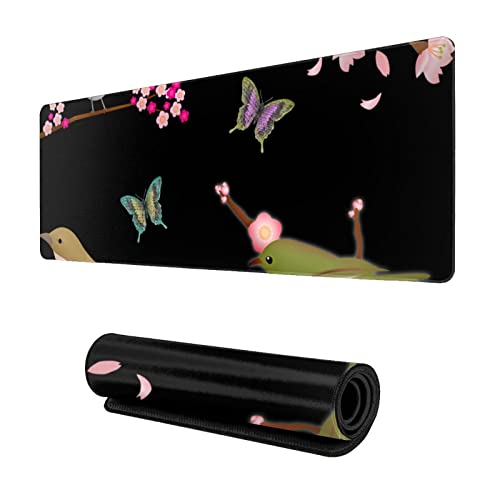 Bird Cherry Blossom Sakura Butterfly Large Gaming Mouse pad,, with Non-Slip Base (11.8x31.5 inches), Comfortable, Foldable, Suitable for desktops, laptops, Keyboards, etc.