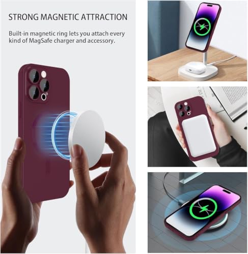 Image of DIZORO Magnetic Case for iPhone 14 Pro Max Cover [Compatible with MagSafe][Built-in Camera Lens Protector] Slim Soft Silicone Bumper Shockproof Metallic Luster Back Cover Phone Cases (Wine Red)