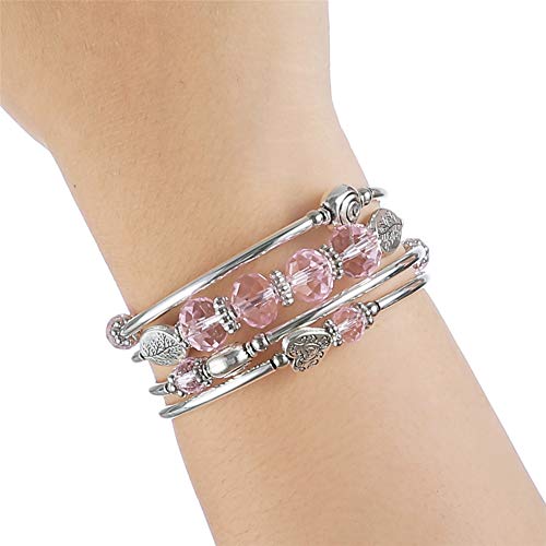 Bead Crystal Wrap Bangle Bracelet - Fashion Jewelry Pearl Bracelet with Silver Metal, Gifts for Women (Pink) - Thumbnail 2