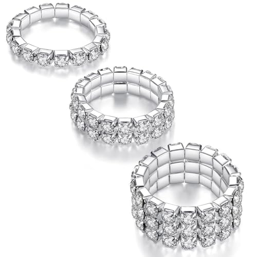 LucBuy Lot de 3 bagues extensibles avec strass, ensemble de cristaux tendance empilables, bague d'orteil mignonne, bague élastique en diamant argenté, bague...