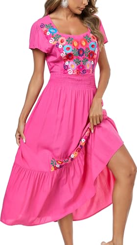 Image of Women's Summer Maxi Dress Casual Floral Embroidered Round Neck Short Sleeve Ruffle Tiered Dress Flowy Boho Beach Sundress