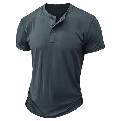 Men Quarter Button Casual Henry Shirt Classic Round Collar Slim Fit Sport T-Shirts Summer Cozy Street Walking Tops (Dark Grey,Medium)