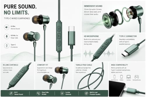 Image of GearZT Oasis TypeC Wired Earphone with Powerful HD Mic for Clear Sound, Deep Bass Sound, HD Calling, in-Line Volume Control & Noise Cancellation Compatible with only TypeC Jacks in Mobiles- Green