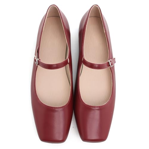 Image of TN TANGNEST Leather Flats for Women Retro Mary Jane Flats | Comfortable Square Toe Slip On Flats with Buckle Strap, Soft Work Flats Office Shoes