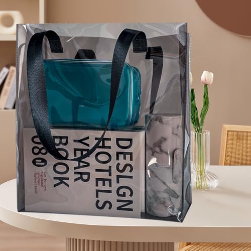 Clear PVC Tote with Black Handles13.3 x 11.8 x 3.94 inches Stadium Approved Transparent Plastic Beach Bag for Women4