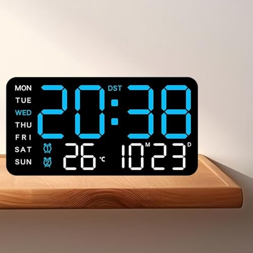 Image of EASEPRES Digital Wall Clock 9 inch LED Large Display, Electronic Wall Mounted & Desk Clock, Day Date Temperature Dual Alarm, 5-Level Adjustable Brightness, USB Powered for Bedroom Office Home (Blue)