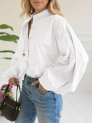 Tankaneo Womens Lantern Sleeve Button Down Shirts Oversized Mock Neck Blouse Trendy Casual Loose Fit Cotton Tops4