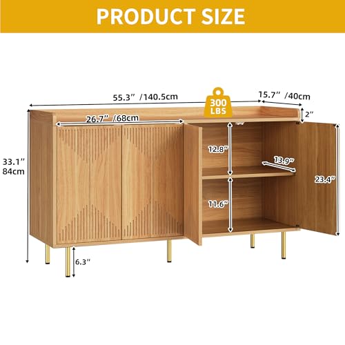 DWVO 55" Kitchen Storage Cabinet, Modern Sideboard Buffet Cabinet with Storage, Adjustable Shelves and Carved Design Doors for Living Room, Dining Room, Natural