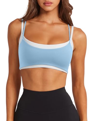 Sports Bras for Women Sexy Backless Padded Adjustable Thin Straps Workout Yoga Gym Athletic Double Layered Bras Y2k Casual Tops Bralettes Activewear Camisole(Shell Blue Small)