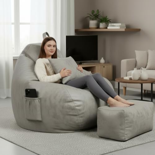 Image of KAM'S LIEU 4XL Suede Bean Bag Chair with Footrest & Cushion | Filled with High Density Polystyrene Beans | Premium Soft Fabric | Teardrop Design with Handle | Ready to Use Color- (Grey, Bean Bag)