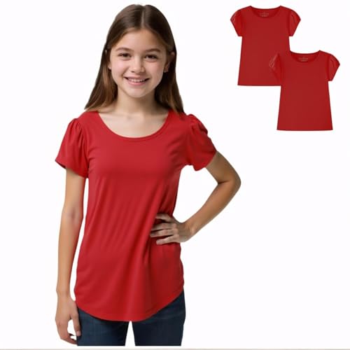 Image of Huata Girls Short Puff Sleeve Tee Basic T-Shirt 2 Packs Crewneck