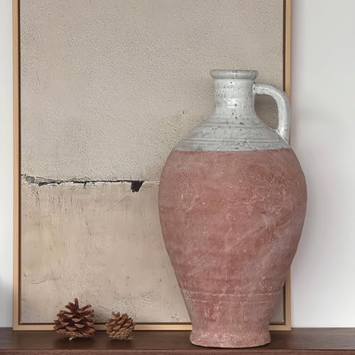 Brown Ceramic Rustic Farmhouse Vase Jug Pitcher with Handle, Distressed Antique Terracotta Pottery Flower Vase 14.2 Inch Handmade Large Floor Vintage Decorative for Home Living Room Decor