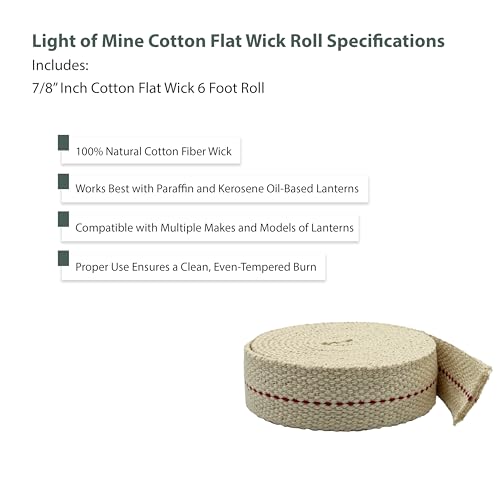 Light of Mine - 7/8" Inch 6' Foot, 100% Cotton Flat Wick for Paraffin Oil, Kerosene Based Lanterns, and Oil Lamps with Genuine Red Stitch (7/8" - 6' Roll)