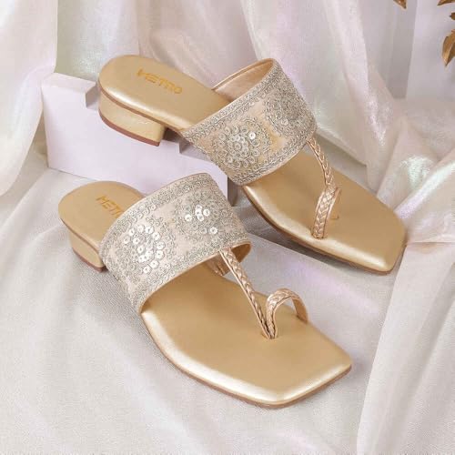 Image of Metro Women Embellished Ethnic Kolhapuri Block Heel Slip-on Sandal