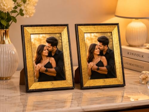 Image of 4x6 Inch Photo Frame Set of 2 - Acrylic Front Table Top Photo Frames with Stand, Dual Orientation Portrait & Landscape Display for Home Office Decor (vintage golden)