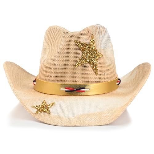 Image of Western Straw Cowboy Hats for Men & Women, Wide Shapeable Brim Cowgirl Sun Hat
