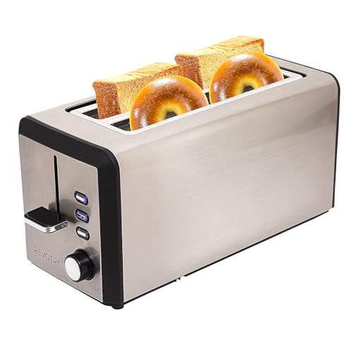 4 Slice Long Slot Stainless Steel Toaster with Extra Wide 1.5” Slots, 6 Shade Browning Settings, Defrost Reheat Cancel Functions, Even Toasting for Artisan & Sourdough Bread, Removable Crumb Tray